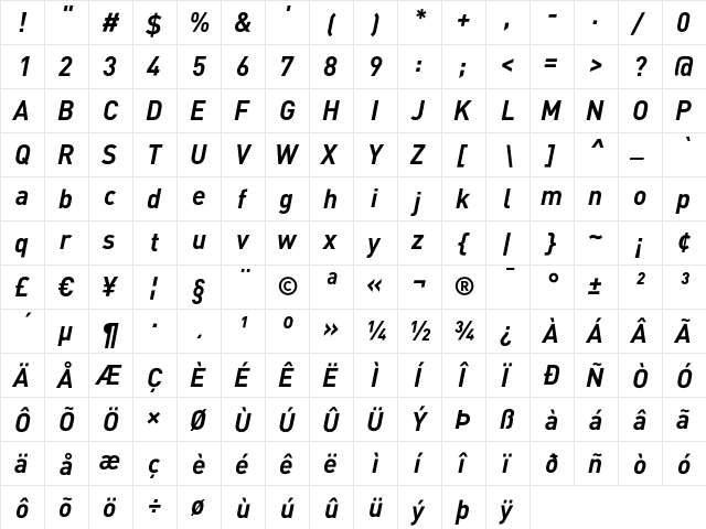 DIN-BoldItalic Regular  glyph index