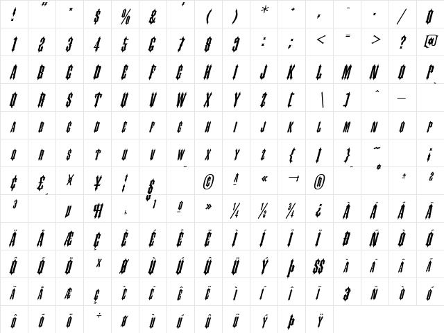Slayer-Italic Medium  glyph index