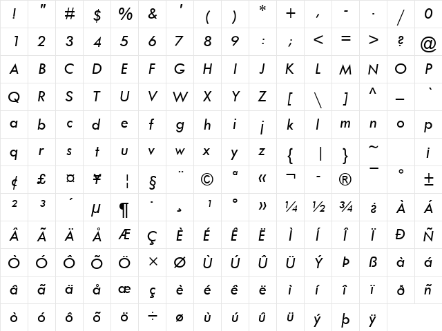 Tw Cen MT Italic  glyph index