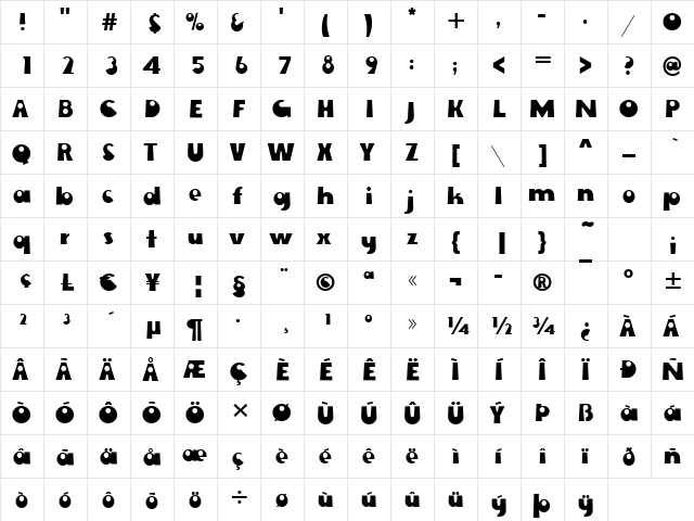 Ewok Regular  glyph index