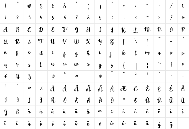 yellosun Regular  glyph index