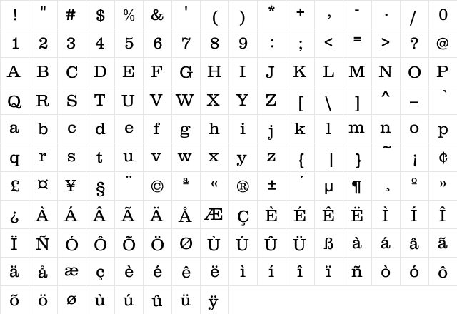 Clarendon-Light Regular  glyph index