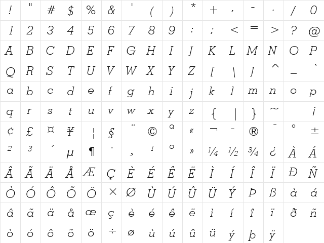 Stymie Light Italic  glyph index