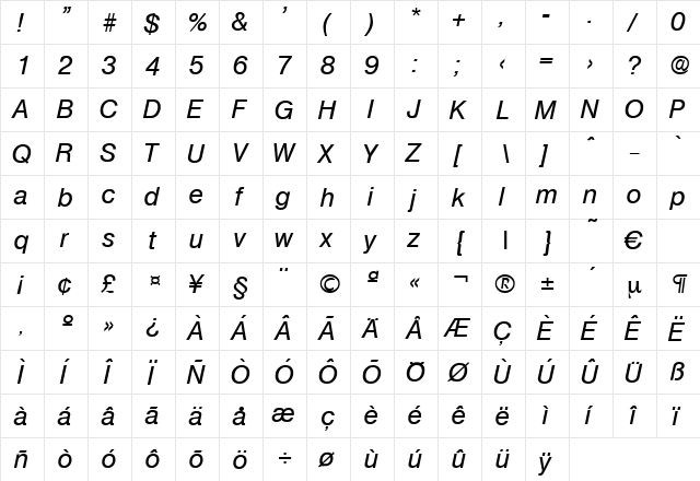 Olympia-MediumIta Regular  glyph index