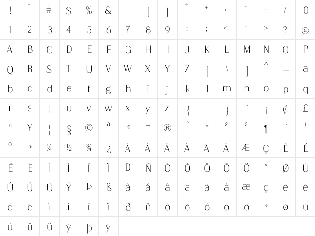 Kiyana Display UltraLight Regular  glyph index