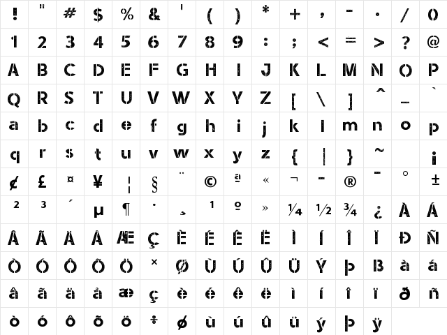 Stencil Army WW I Regular  glyph index