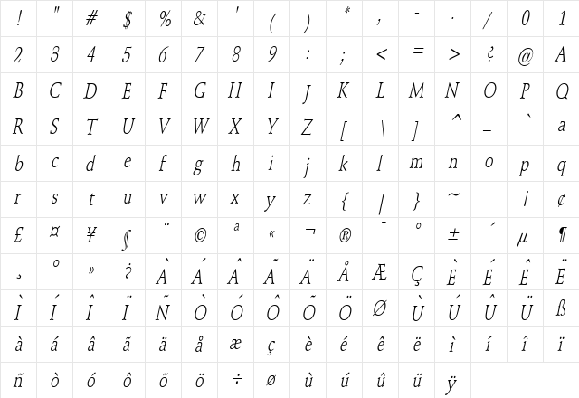 Schroeder Condensed Italic  glyph index