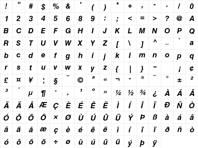 Helvetica LT Std Bold Oblique  glyph index