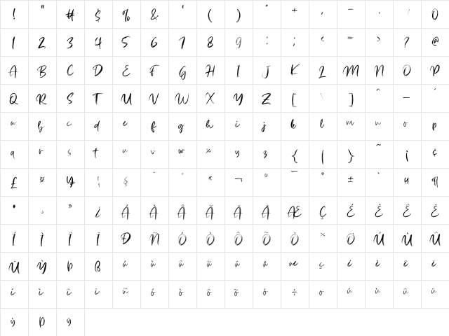 Creslina Regular  glyph index