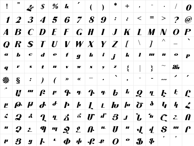 ArTarumianGrqiNor Bold Italik  glyph index