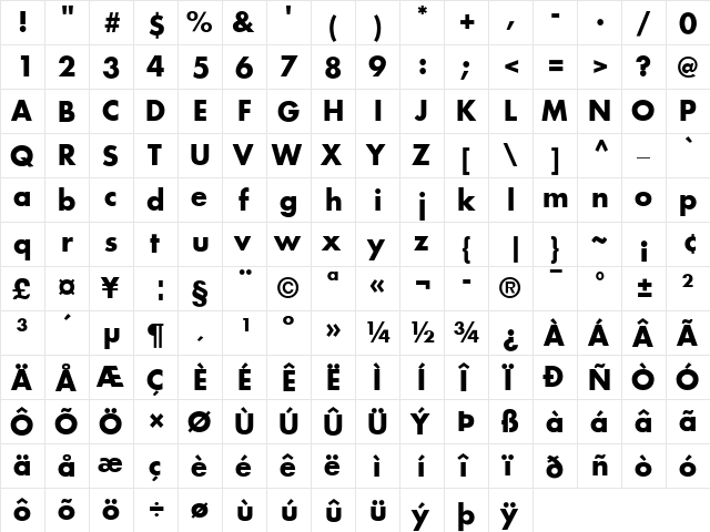 Futura Book Bold  glyph index