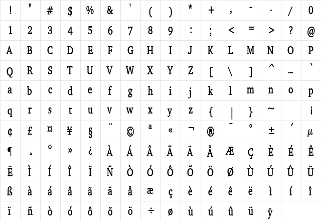 Challenge Thin Bold  glyph index