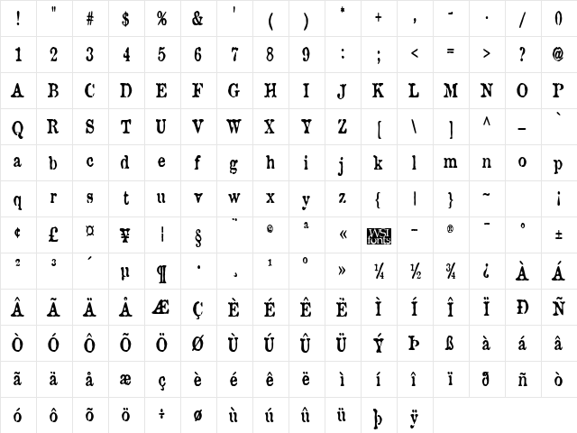 BrunineCnd Bold  glyph index