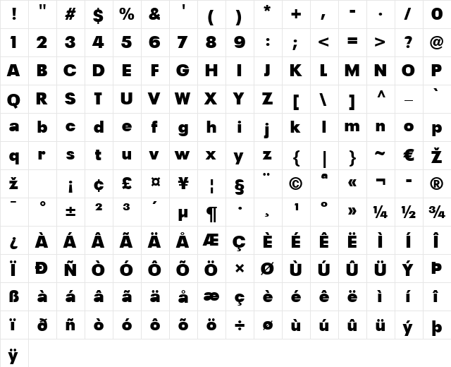 Plak LT Black Regular  glyph index