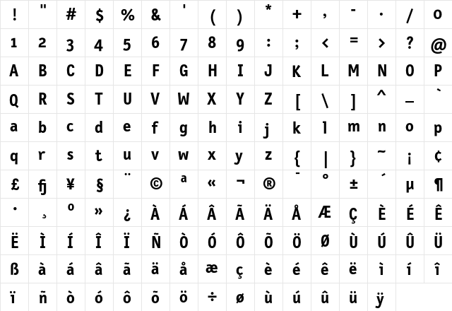 LetterGothicText Bold  glyph index