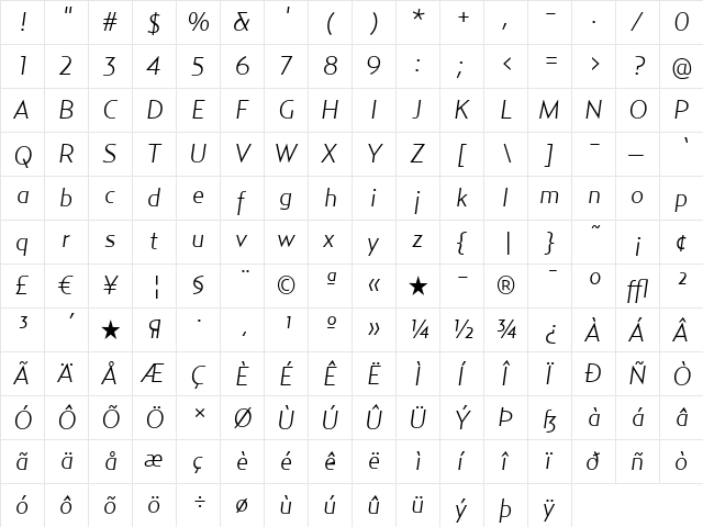 Relay-LightItalic Regular  glyph index
