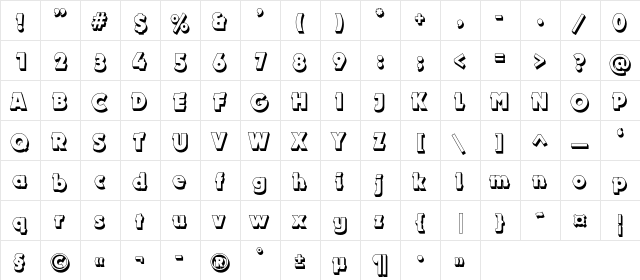 DynarShadow Regular  glyph index