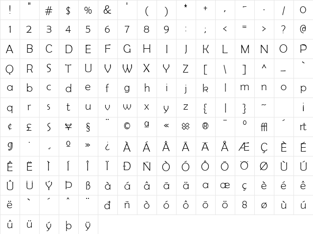 Berlinsans Light  glyph index
