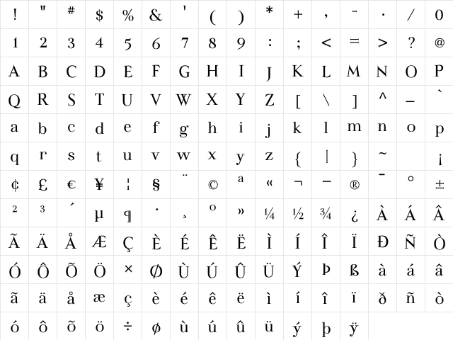 Felina SerifRegular Regular  glyph index