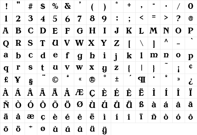 PoynderDemi Regular  glyph index