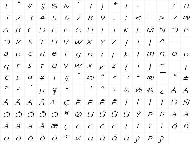 Eric Lite Extended BoldItalic  glyph index