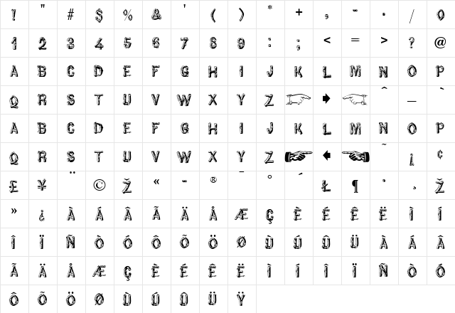 Rustic Regular  glyph index