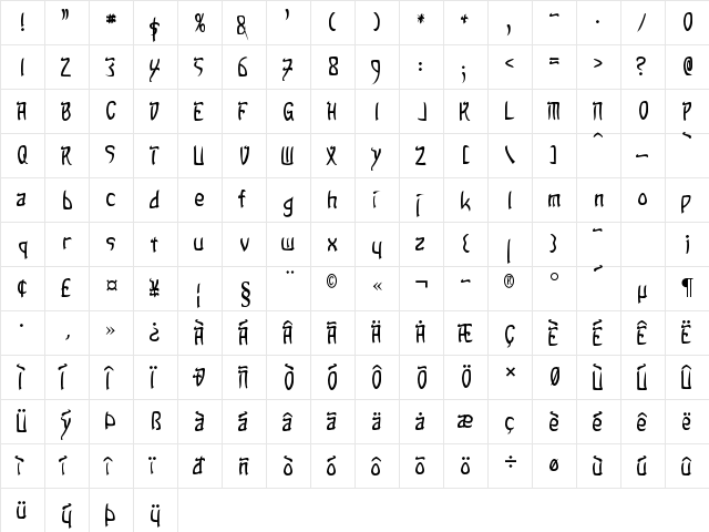 Taibaijan Regular  glyph index