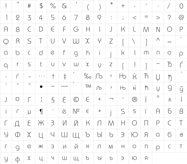 BauhausC Regular  glyph index