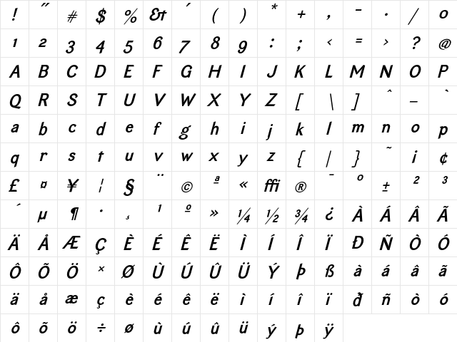 EquipoizeSans BoldItalic  glyph index