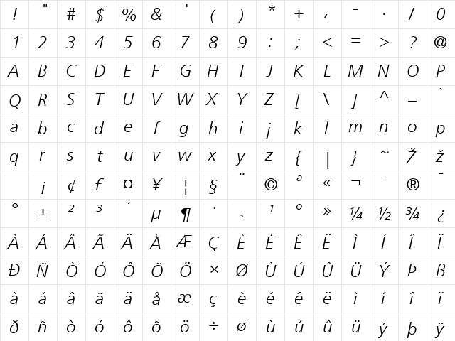 Frutiger LT 45 Light Italic  glyph index