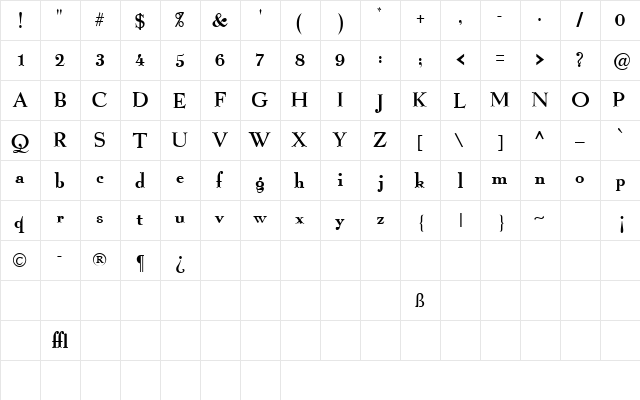ProximaSSK Regular  glyph index