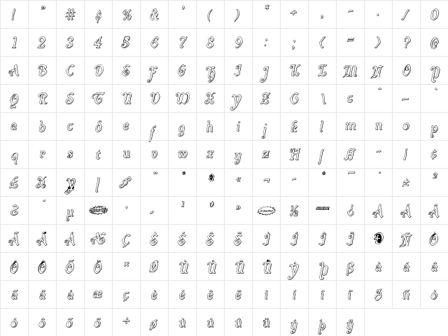 Quill Sword Outline Italic Outline Italic  glyph index