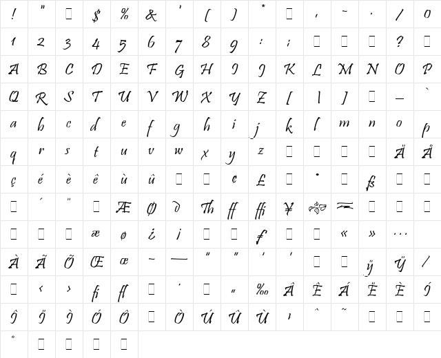 Pristina Plain  glyph index