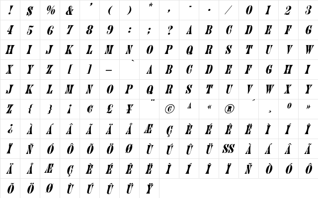 Juniper-Normal Italic Italic  glyph index