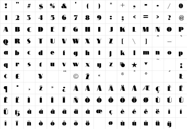 Modernique Regular  glyph index