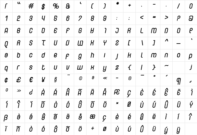 CurvatureRounded Italic Regular  glyph index