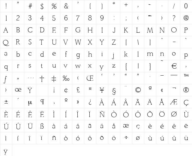 Derringer-Xlight Regular  glyph index