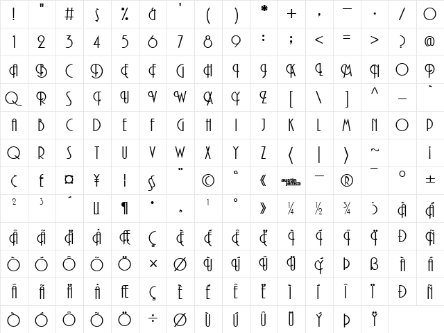 Promenade Regular  glyph index
