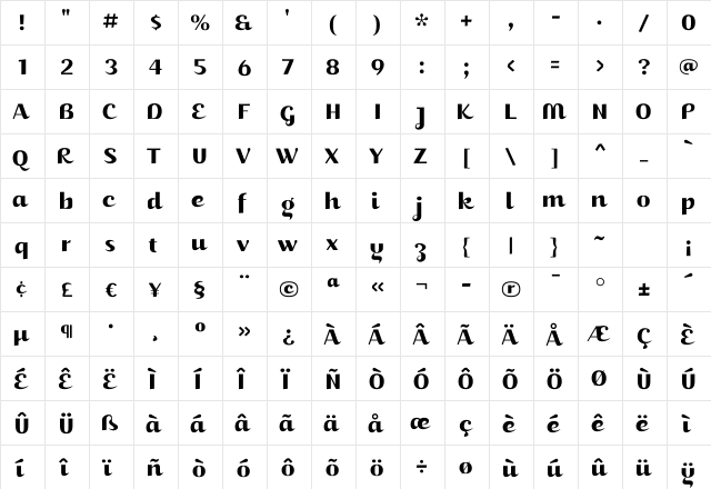 JuicyRegular Regular  glyph index