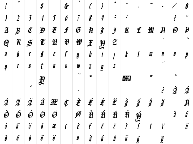 Fains Bold Italic  glyph index