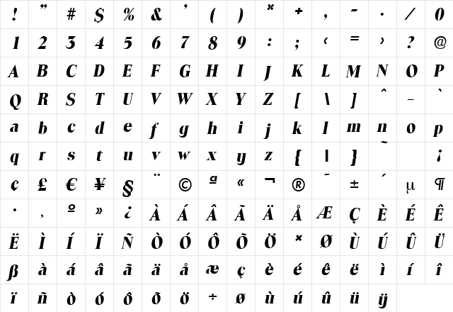 ToledoSerial-Xbold Italic  glyph index