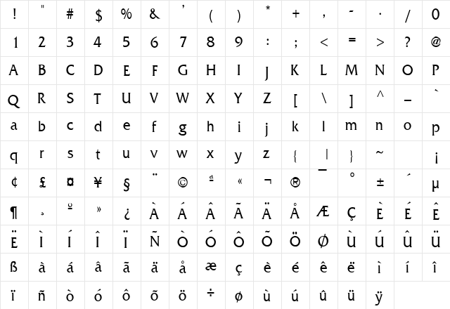 Franco Condensed Normal  glyph index