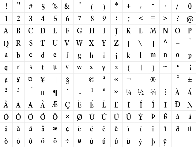 TrumpetLite Bold  glyph index