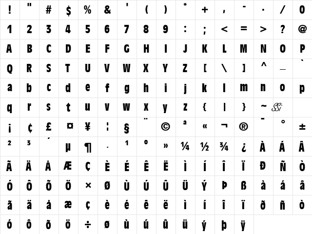 Decade Condensed SSi Bold Condensed  glyph index