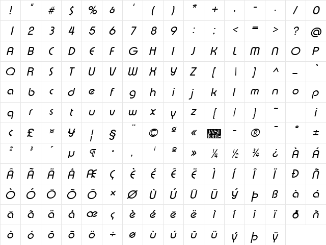 Xpressive Italic  glyph index