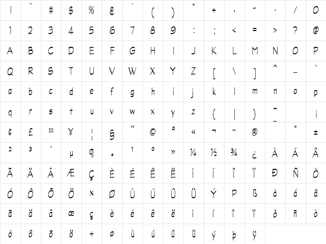 Graphite Light Narrow ATT Regular  glyph index