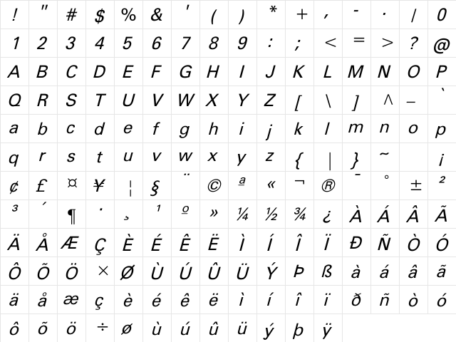 FreeUniversal Italic  glyph index