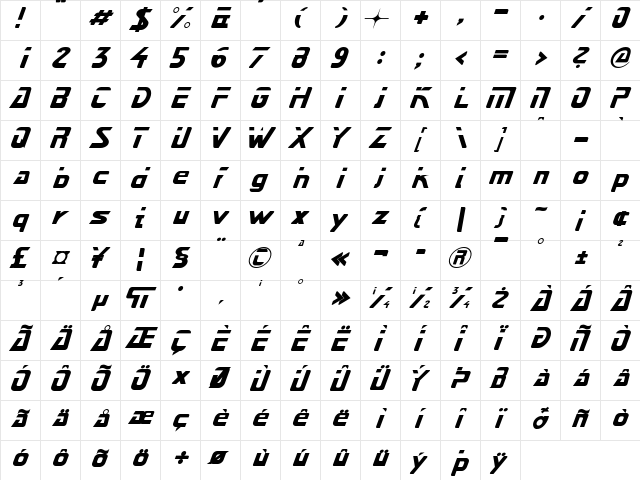 Next Star Italic  glyph index