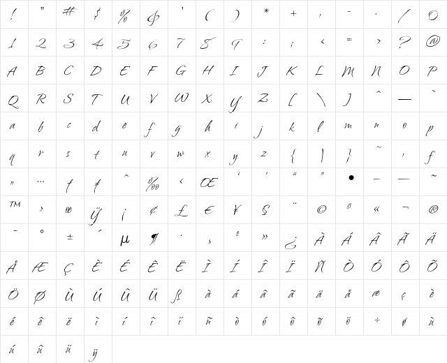Ambiance BT Regular  glyph index