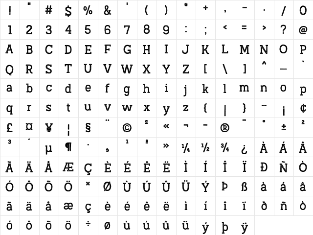 Austral Slab Stamp Regular  glyph index